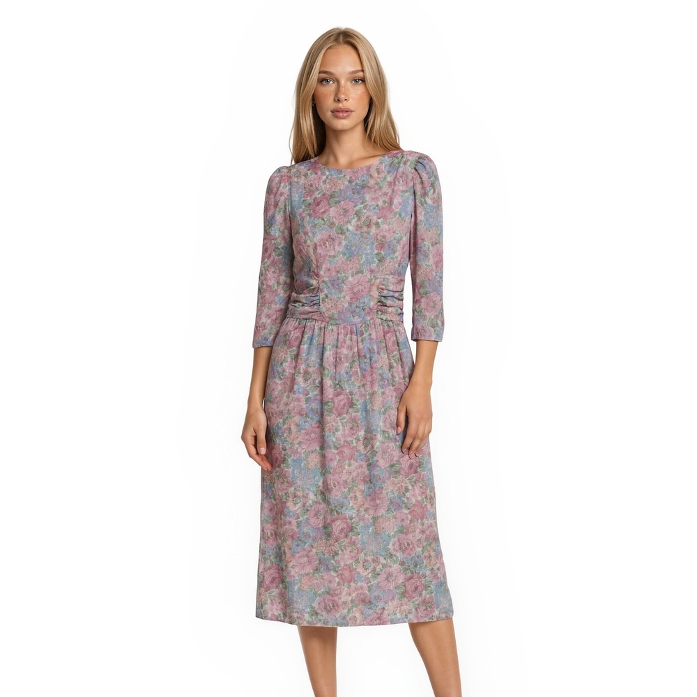 Lanz Originals Midi Dress Women's Size 8 Pink Blue Floral Back Bow‎ Vintage